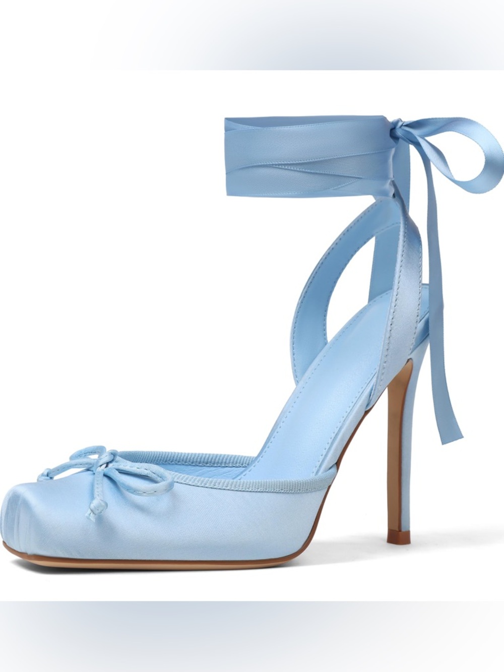 Women's Light Blue Satin Tie-Ankle Bow Ballerina Pumps